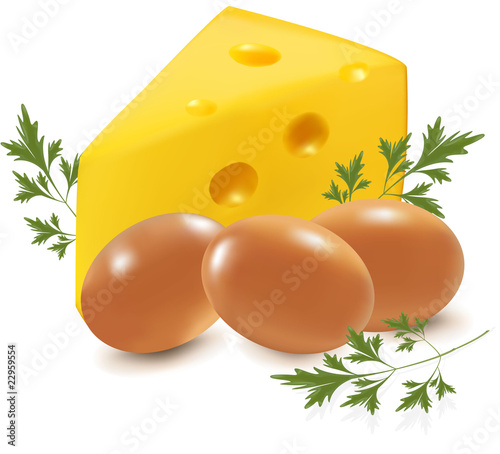 Vector illustration. Cheese and eggs with parsley.