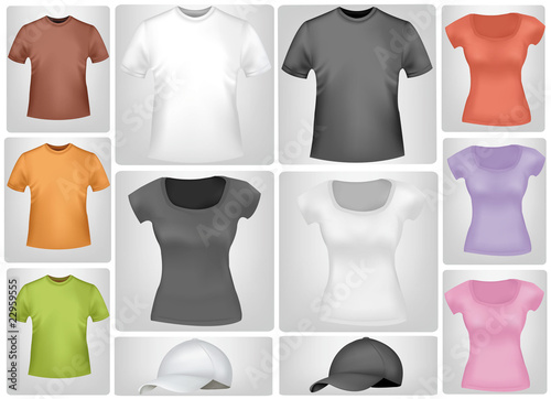 Colored shirts and caps. Photo-realistic vector illustration.
