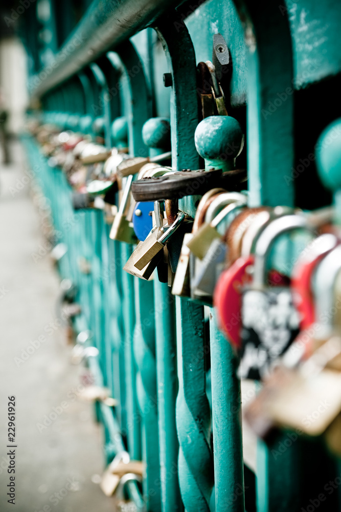 Padlock hanging on one of the bridges in Wroclaw