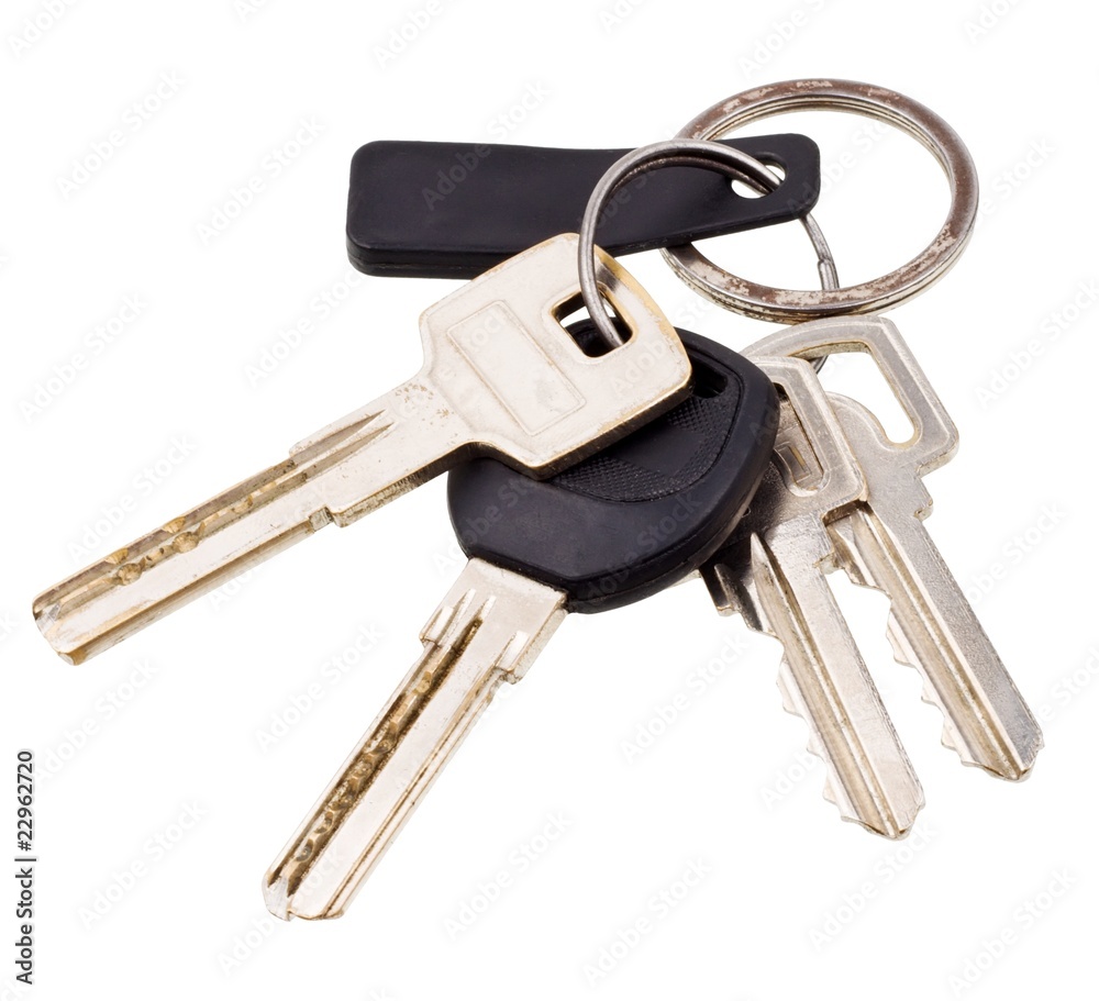 Bunch of keys with electronic key isolated on white