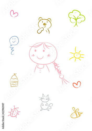 Clipart-Set: Kinderwelt - Kleines Mädchen und bunte Symbole
