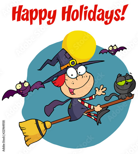 Happy Holidays Greeting Over A Little Halloween Cat And Witch