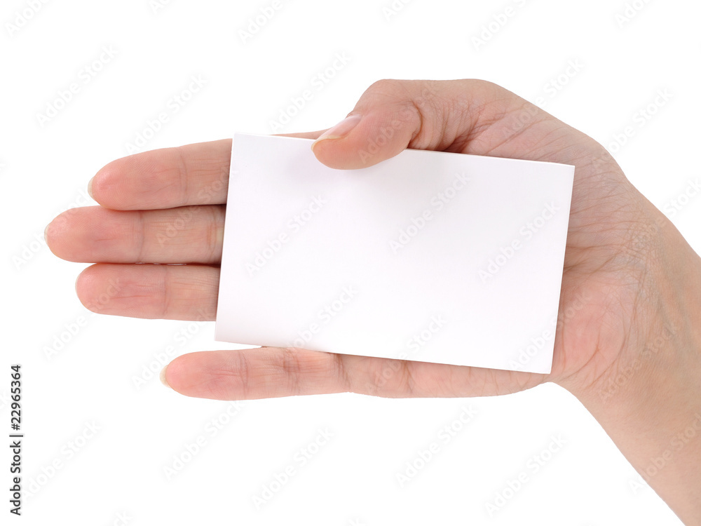 Obraz premium Woman hand holding blank business card isolated