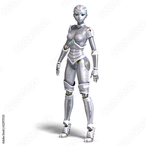 female sexy metallic robot. 3D rendering with clipping path and