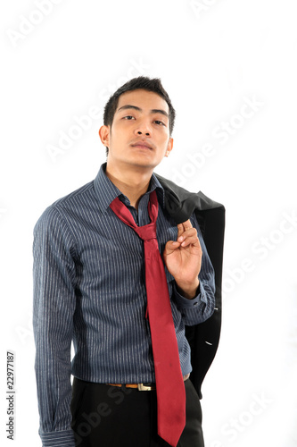 A portrait of a confident and handsome young Asian man wearing formal office attire and a tie, standing against a clean white background. Perfect for business, corporate, professional lifestyle, HR, o