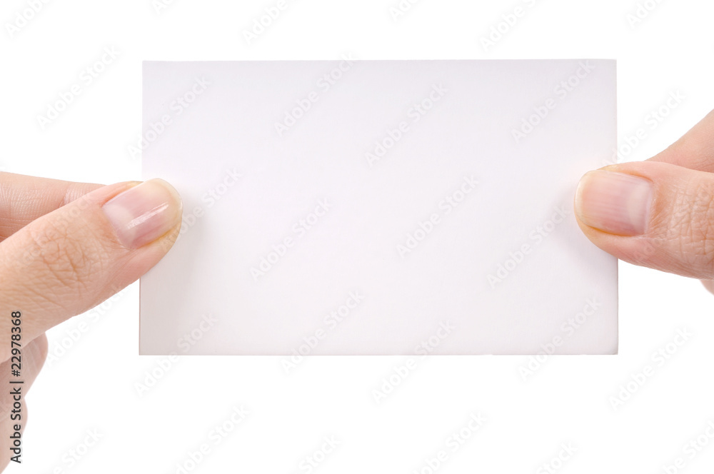 Woman hand holding blank business card isolated Woman hand holding blank business card isolated
