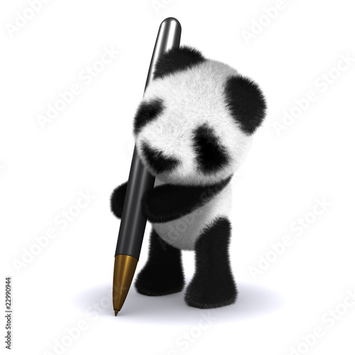 3d Panda teddy writes with his pen