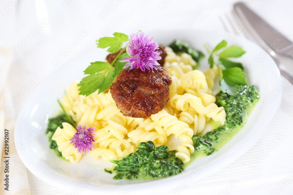 Pasta with meatball and spinach