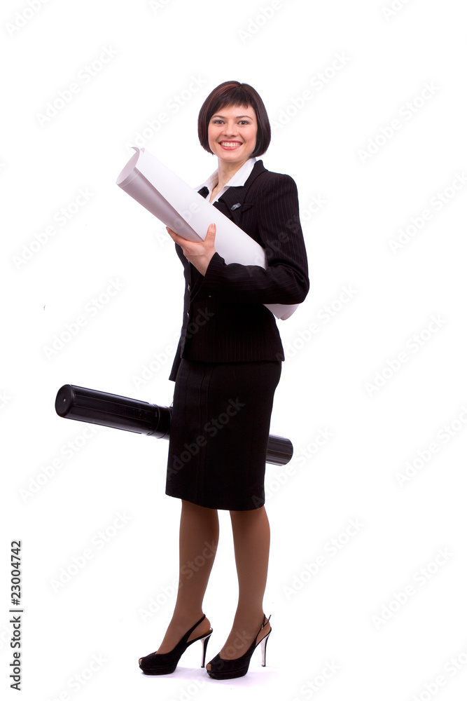 Female architect holding tube with blueprints. Female architect holding tube with blueprints.