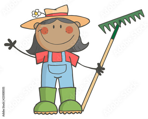 Black Farmer Girl Holding A Rake And Waving