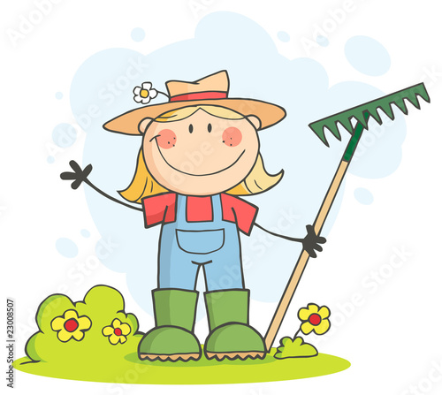 Caucasian Farmer Girl Waving And Holding A Rake