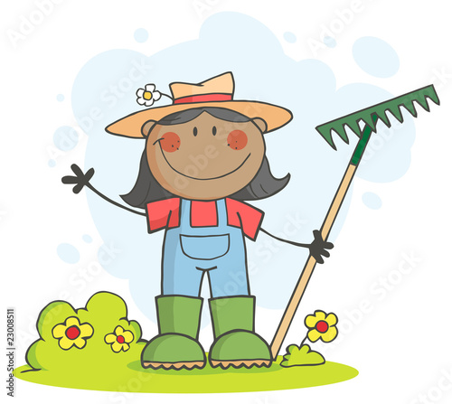 Black Farmer Girl Waving And Holding A Rake