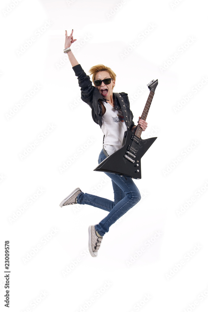 woman guitarist jumps