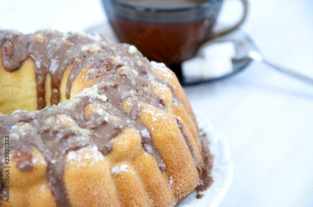 Marble cake on plate with tea Marble cake on plate with tea