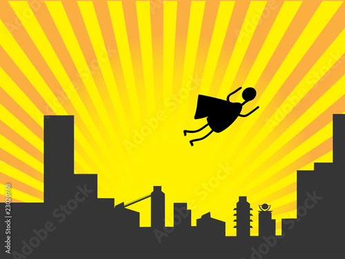Stick figure superhero flies past bright sun burst