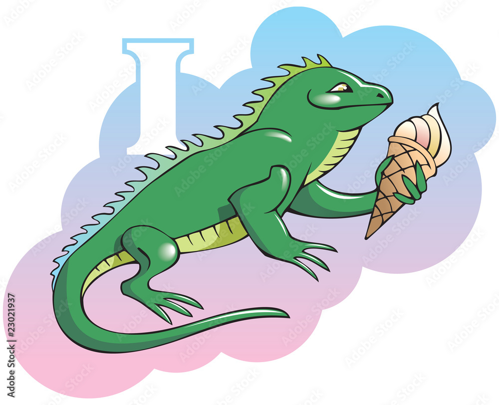 Series of Children alphabet: letter I, iguana and ice-cream