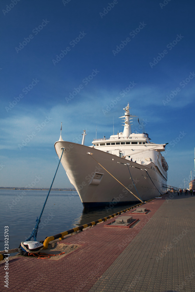 A luxury cruise ship docked in the port