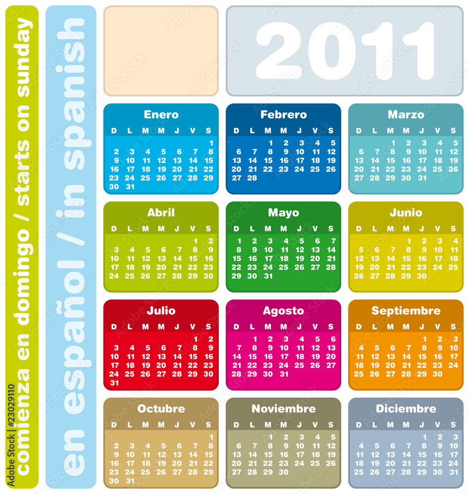 Colorful Calendar 2011, in Spanish. Week starts on Sunday