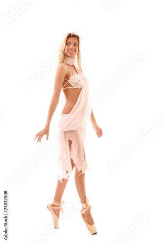 young and beautiful ballerina in white dress over white backgrou