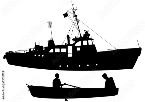 Silhouettes of a steamship and boat with people