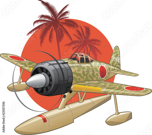 Japanese WW2 seaplane on the rising sun background