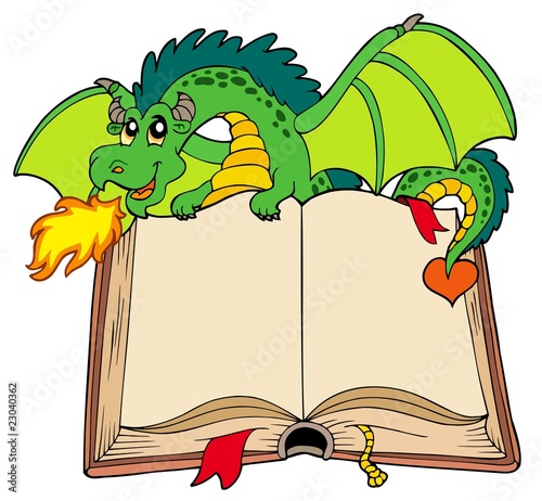 Green dragon holding old book