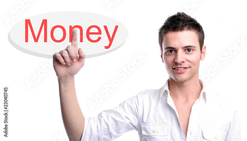 Young business man presses key