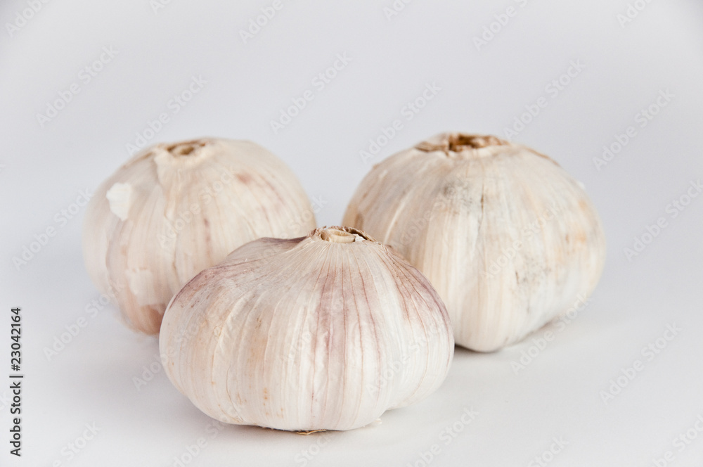 Three garlic bulbs on white background. Three garlic bulbs on white background.