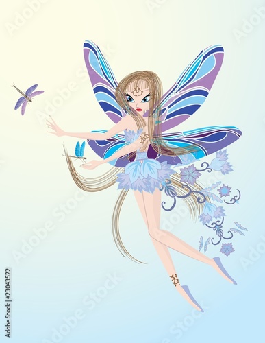 Little flying fairy playing with dragonfly vector illustration