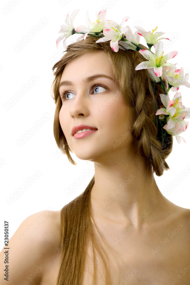 beautyful woman flower dream on white background