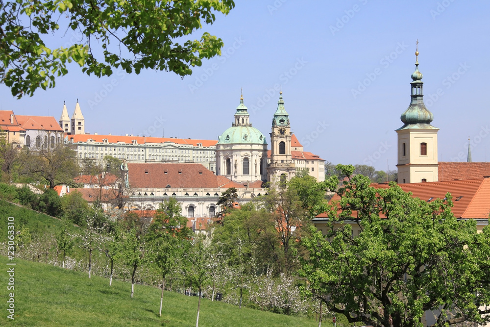 Prague's St. Nicholas' Cathedral with flowering trees