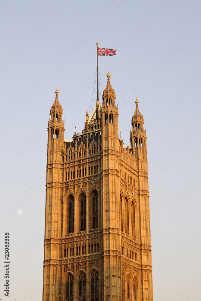tower with United Kingdom flag on Houses of Parliament tower with United Kingdom flag on Houses of Parliament