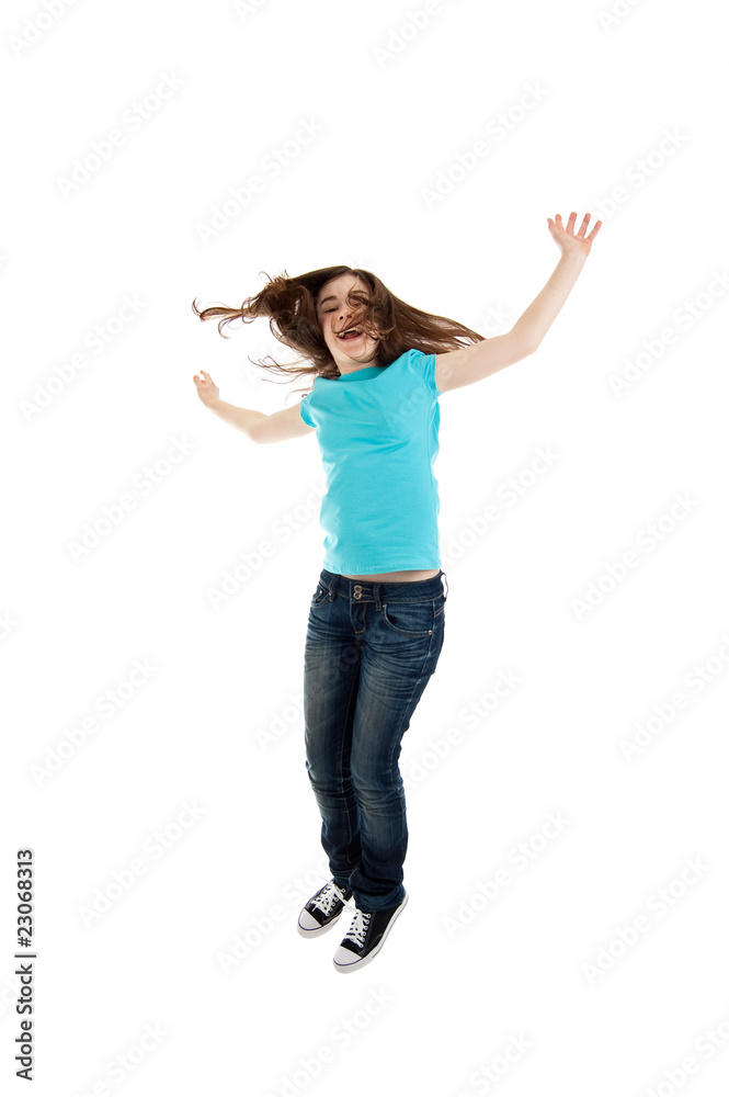 Girl jumping isolated on white background