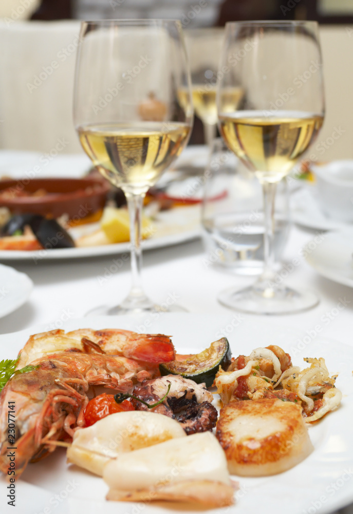 Seafood on plate in restaurant Seafood on plate in restaurant