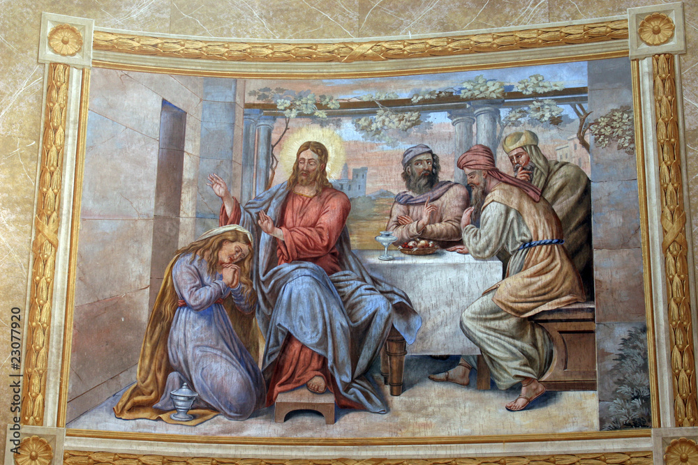 Saint Mary Magdalene wipes the feet of Jesus