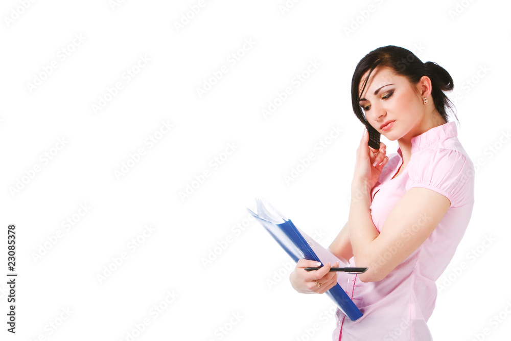 Attractive young girl in pink blouse with papers