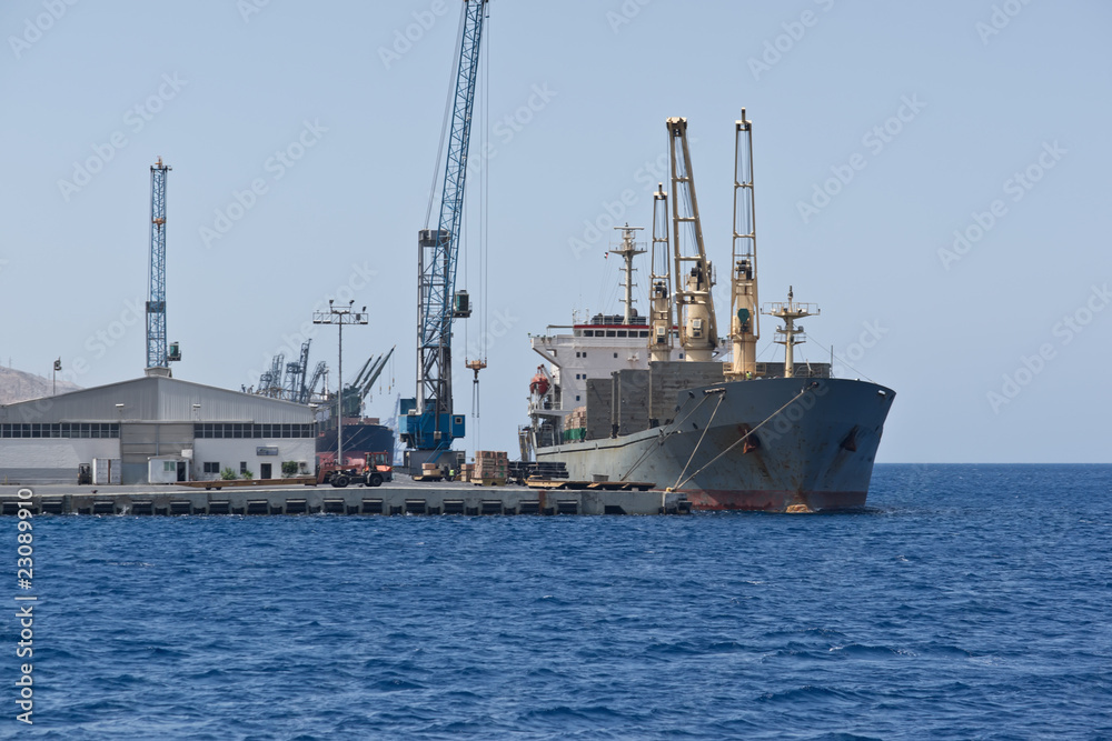 Cargo ship docked in Aqaba port. Jordan