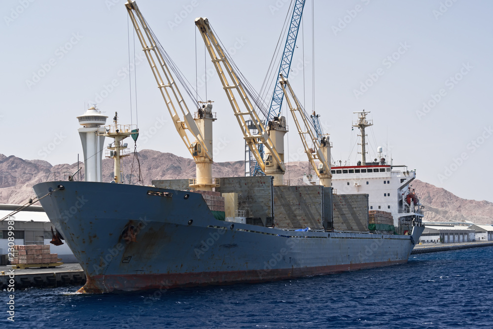 Cargo ship docked in Aqaba port. Jordan