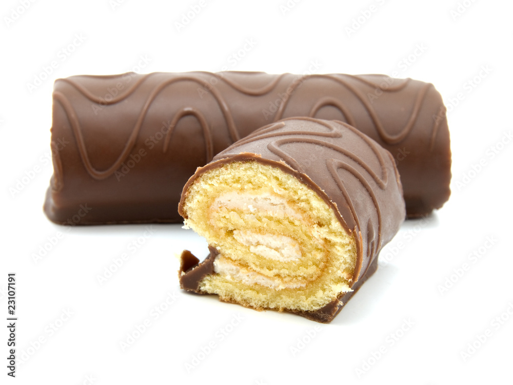two chocolate roll with cream on a white background two chocolate roll with cream on a white background