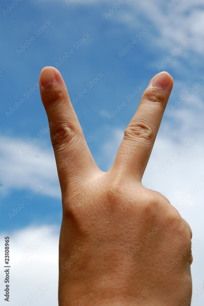 hand making a peace sign with sky as background. hand making a peace sign with sky as background.