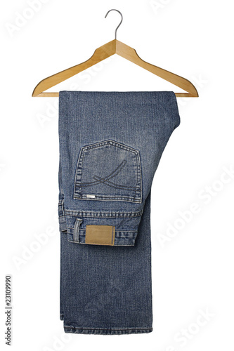blue jeans a wooden hanger