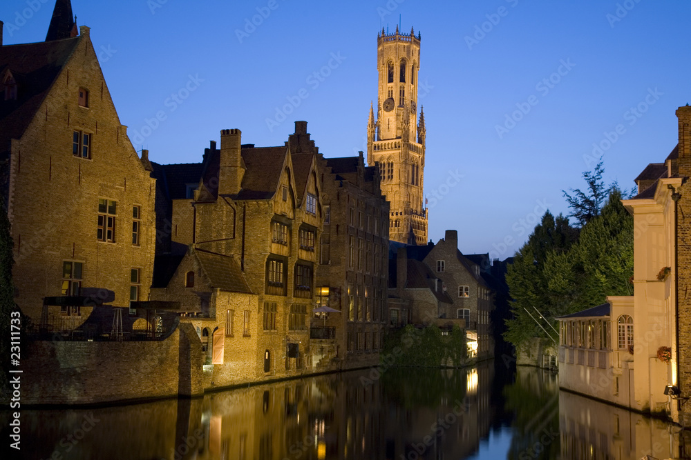 Belfort, Belfry and canals in Belfort; Bruges; Belgium; Europe