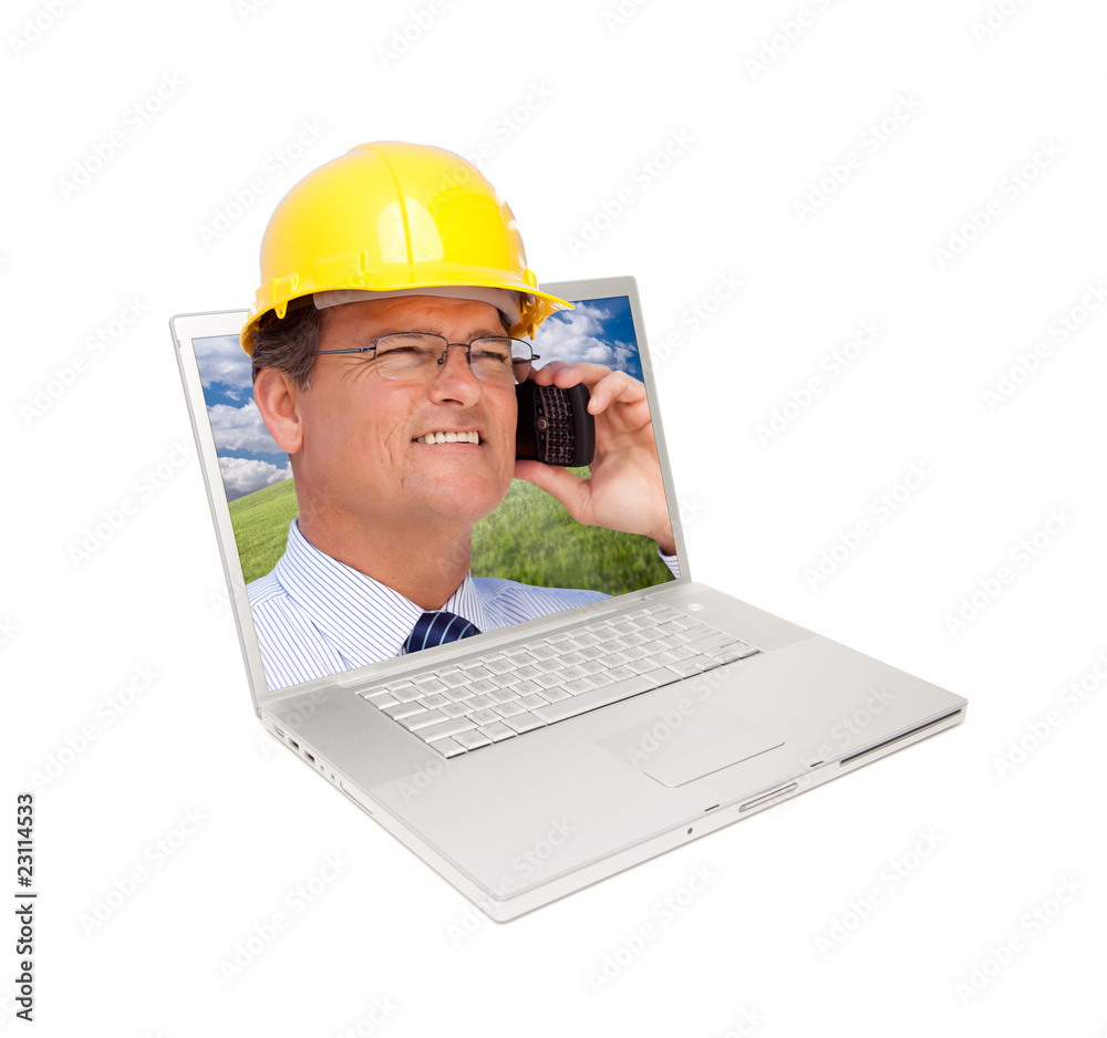 Laptop and Man with Hard Hat on Cell Phone