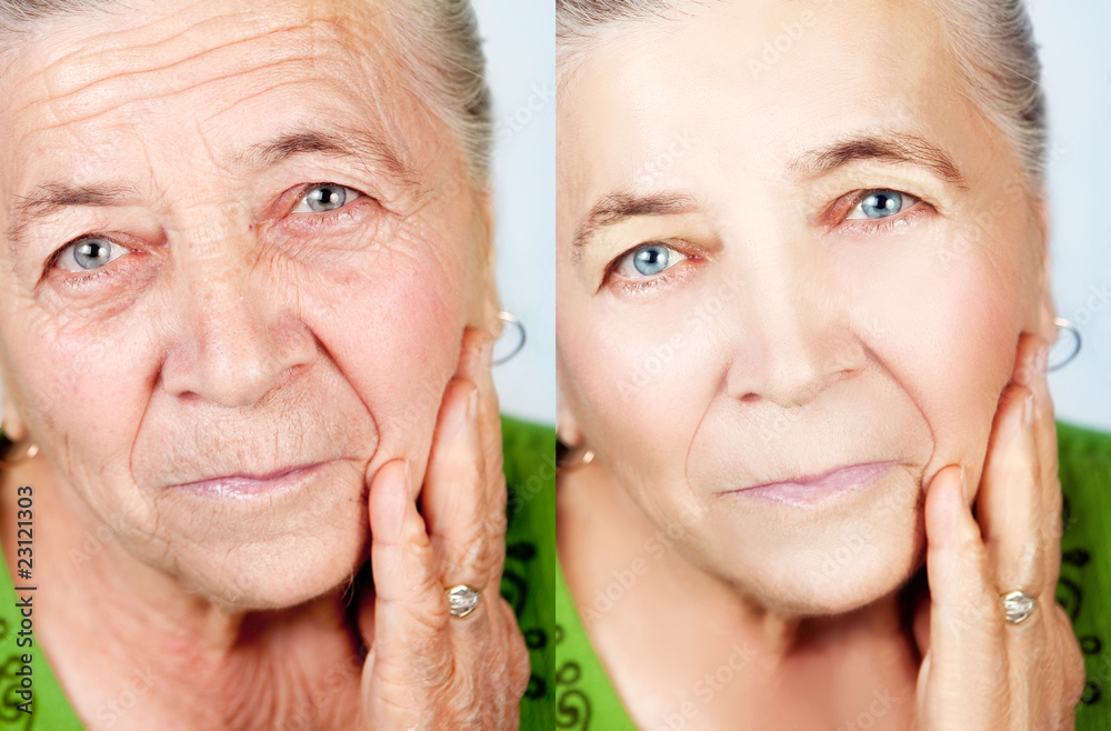 Beauty and aging skin care concept of old woman without wrinkles Stock