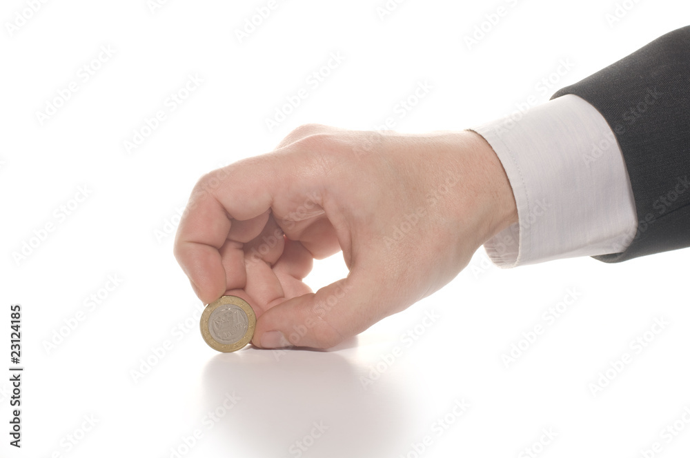 businessman's hand with euro coin isolated on white background businessman's hand with euro coin isolated on white background