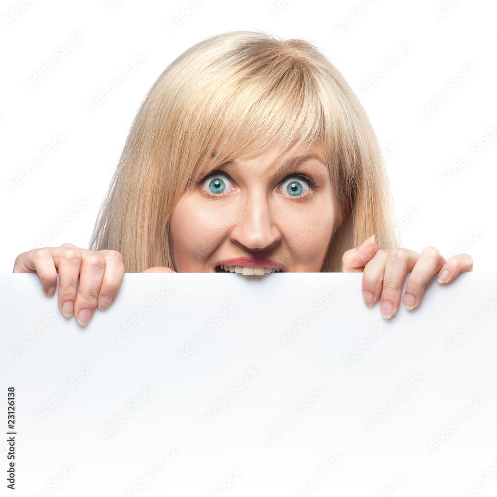 hungry young woman holding white empty paper isolated on white hungry young woman holding white empty paper isolated on white