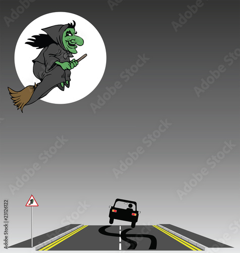 Halloween Witch flying over a frightened motorist