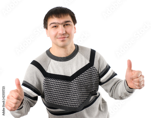 asian young man smile with thumb up photo