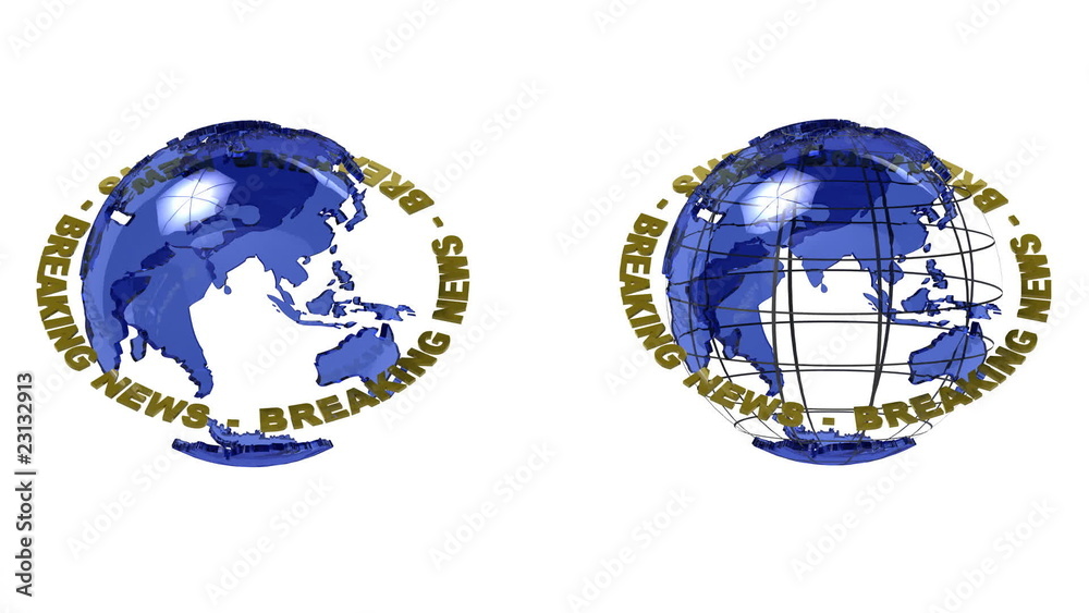 Two versions of a globe with breaking news with alpha matte