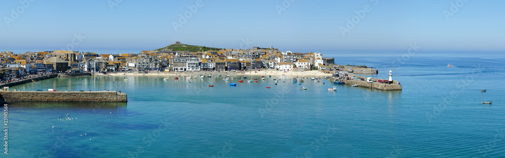 A panoramic view of St. Ives harbour in Cornwall, UK.